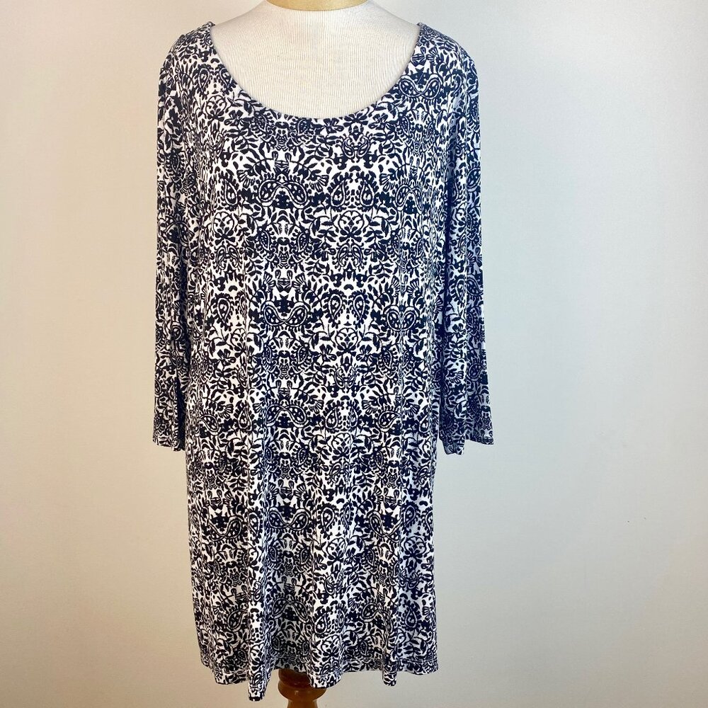 Black & White Floral Design Tunic Side Slits 3/4 Sleeve Blouse Tunic Size XL